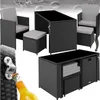 A collage of images showing a rattan furniture set, including chairs, ottomans, and a table, with a bottle opener and bottle in the foreground. Produktbild-Vorschau