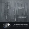 A diagram of a shower system with dimensions and a separate image of mounting accessories, set against a dark, textured background. Produktbild-Vorschau