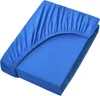 A blue fitted sheet is folded and placed on a surface, with the elasticized edge visible. Produktbild-Vorschau