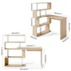 A diagram showing the dimensions of a desk and shelving unit. Voir les images du produit