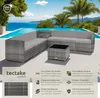 A rattan lounge set with a coffee table is arranged by a swimming pool with a scenic ocean and palm tree backdrop. Náhled obrázku produktu