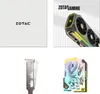A collage of images showing ZOTAC gaming product packaging, a graphics card, and accessories. Voir les images du produit