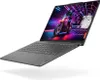 A gray Lenovo Yoga 7 laptop is shown at an angle, open with the screen displaying a vibrant image of a motorcycle. Produktbild-Vorschau