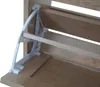A close-up view of the interior mechanism of a shoe cabinet, showing wooden shelves and a white plastic hinge system. Anteprima dell’immagine prodotto