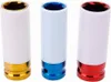 Three colored socket wrenches on a white background. Voir les images du produit