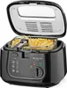 A black deep fryer with a basket full of french fries, shown with the lid open.