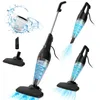 A collage of images showing a black stick vacuum cleaner and its accessories, with blue visual effects indicating suction and water splashes around a filter.