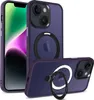 Two purple iPhone cases are shown, one standing upright and the other lying on its side, both featuring a magnetic ring.