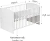 A white baby crib with dimensions indicated by text overlays. Produktbild-Vorschau
