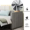 A close-up view of a grey sofa bed with pillows and blankets, featuring marketing text and icons. Anteprima dell’immagine prodotto