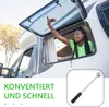 A young woman is reaching out of a camper van window, with a tool shown in a separate inset. Produktbild-Vorschau