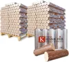 Two pallets of compressed wood briquettes are shown, with two individual briquettes in the foreground. Produktbild-Vorschau