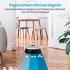 A robot vacuum cleaner is shown on a wooden floor, with a graphic overlay indicating water distribution. Produktbild-Vorschau