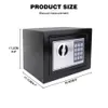 A black safe with a digital keypad and a dial is shown with measurements indicated by lines and text. Produktbild-Vorschau