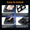 A four-panel graphic illustrating the installation steps for a camera lens protector. Produktbild-Vorschau