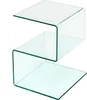 A clear glass side table with an S-shaped design. Voir les images du produit