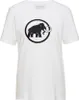 Weißes T-Shirt für Damen von Mammut mit schwarzem Mammut-Logo auf der Vorderseite.