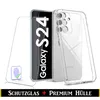 A clear phone case and screen protector are displayed against a white background, with the phone itself partially visible. Produktbild-Vorschau