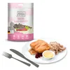 A product shot of Mjamjam Snackbag culinary wild salmon cat food, with a pouch and a plate of food. Produktbild-Vorschau