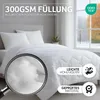 A white comforter is shown on a bed with pillows, next to a window with a winter scene outside. A magnifying glass highlights the filling of the comforter. Produktbild-Vorschau
