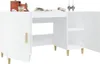 A white desk with open doors on the side cabinets, showing shelves inside. There are books and decorative items on top of the desk. Podgląd zdjęcia produktu