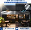 A cafe awning is shown in two conditions: sunny and rainy, highlighting its UV and water-resistant features. Náhled obrázku produktu