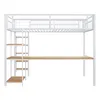 A white metal loft bed with a wooden desk and shelves, shown against a white background. Náhľad obrázku produktu
