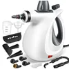 A white handheld steam cleaner with various attachments, a measuring cup, and a funnel, all arranged on a white background. Produktbild-Vorschau