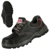 A black safety shoe with red accents and gray laces is shown against a white background. A sole view of the shoe is also present. Voir les images du produit