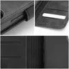 Collage of close-up shots of a black flip phone case, showing details of its construction and features. Produktbild-Vorschau