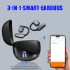 A pair of black wireless earbuds with a charging case, a smartphone displaying an app, and text overlays. Produktbild-Vorschau
