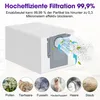 A diagram showing a vacuum cleaner bag with dust particles being filtered, accompanied by icons of various allergens. Produktbild-Vorschau
