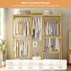 A multi-functional bamboo wardrobe stand with clothes hanging on it, and icons representing different storage options at the bottom. Náhled obrázku produktu