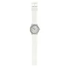 A white analog watch with a silver-tone case and a white strap is displayed against a white background. Produktbild-Vorschau
