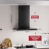 A black kitchen hood with dimensions and installation guidelines shown. Produktbild-Vorschau