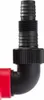 A close-up shot of a black elbow pipe fitting with a ribbed black connector and a red component attached. Náhled obrázku produktu