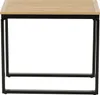 A close-up view of a table with a wooden top and black metal legs, isolated on a white background. Produktbild-Vorschau