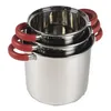 A stack of three stainless steel pots with red handles, isolated on a white background. Produktbild-Vorschau