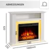 A white electric fireplace with dimensions indicated by measurement lines and numbers. Produktbild-Vorschau