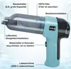 A teal and black handheld vacuum cleaner with labels pointing to its different parts. Produktbild-Vorschau
