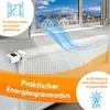 A radiator with a smart thermostat attached, shown in a room with a window overlooking a suburban landscape. Blue air currents indicate airflow. Produktbild-Vorschau