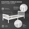A white single bed frame with a slatted base, shown from a side angle with close-up insets highlighting features. Náhled obrázku produktu