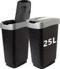 Two black trash cans with silver lids and trim, one with its lid open, against a white background. Produktbild-Vorschau