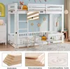 A white bunk bed with safety rails and a ladder, shown in a child's bedroom setting with decorative stars on the wall. Dimensions and weight limits are indicated with text and graphics. Voir les images du produit