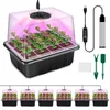 A set of six seedling starter trays with clear dome lids and LED grow lights, along with gardening tools and accessories. Produktbild-Vorschau