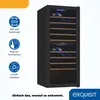 A black wine refrigerator with wooden shelves and blue interior lighting, showcasing its capacity and features. Text overlays provide product details and a brand logo. Produktbild-Vorschau
