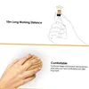 A split image showing a hand holding a small wireless receiver and another hand using a bamboo mouse. Produktbild-Vorschau