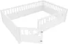 A white wooden baby bed frame with a gate and decorative cutouts of a moon and star. Voir les images du produit