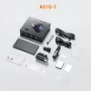 A flat lay of a dashcam product box and its accessories, including cables, mounting hardware, and manuals, arranged on a light gray background. Produktbild-Vorschau