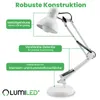 A white desk lamp with labels pointing out its features. Produktbild-Vorschau